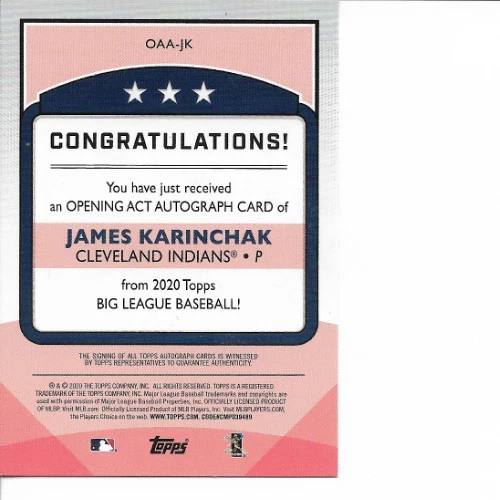 2020 Topps Big League Opening Act Rookie Autograph James Karinchak # OAA-JK NM - Image 2 of 2