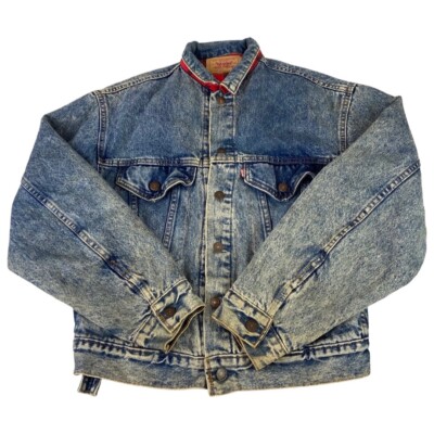 Vintage 80er USA LEVIS RED TAB PLAID FLANNEL GEFÜTTERT TYPE 3 DENIM TRUCKER JACKE S