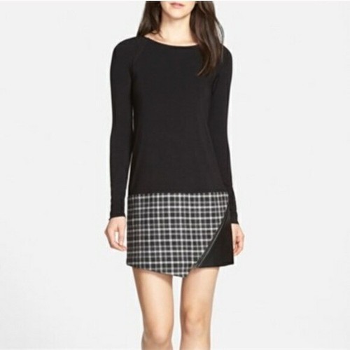 long sleeve faux leather plaid dress 