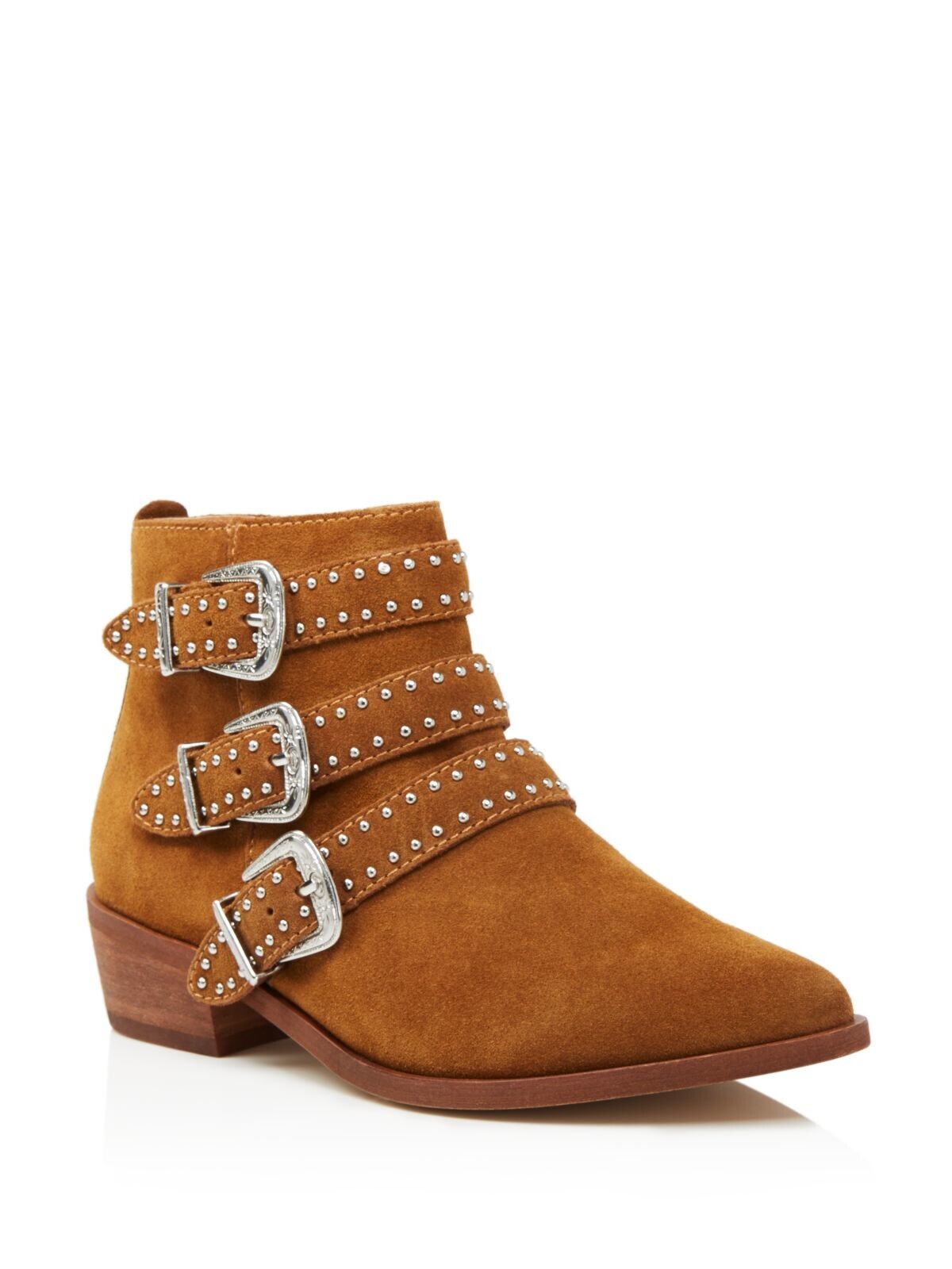 AQUA Womens Brown Studded Blane Almond Toe Block Heel Leather Booties 6.5 M