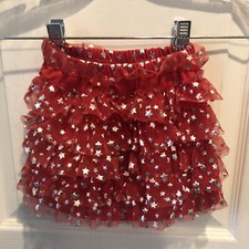 Red Layered Tulle Tutu Skirt w/FoilPrint Silver Stars Elastic Waist SZ 18 Months