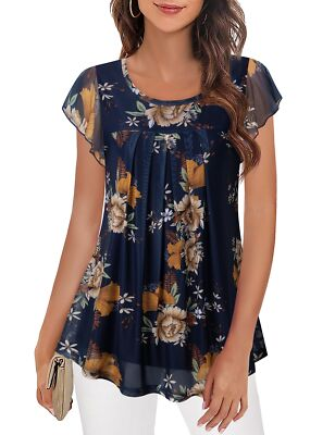 #ad Furnex Women#x27;s Short Sleeve Layered Mesh Blouses Dark Blue Floral Top XL $19.99