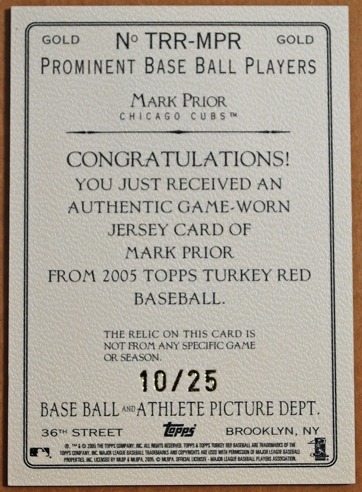 2005 Topps Turkey Game Used Jersey Relic Mark Prior Gold Card 10/25 TRR-MPR - Image 2 of 2