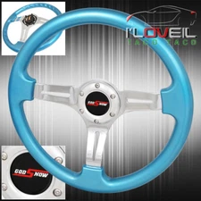 Metallic Sky Blue 350mm 3 Spokes Streak Hole Steering Wheel Godsnow Horn