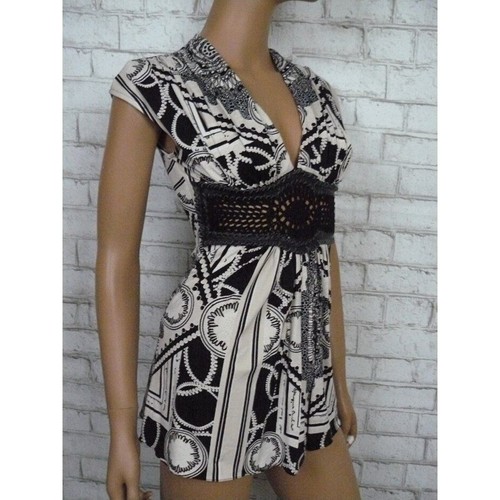 $150 SKY Black Leather Crochet Trim Tan Pleated Blouse Vneck Top Small NEW - Picture 2 of 7