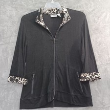 Chicos Travelers Sz 2 / Lg Light Jacket Liquid Knit Full Zip Black 3/4 Sleeve