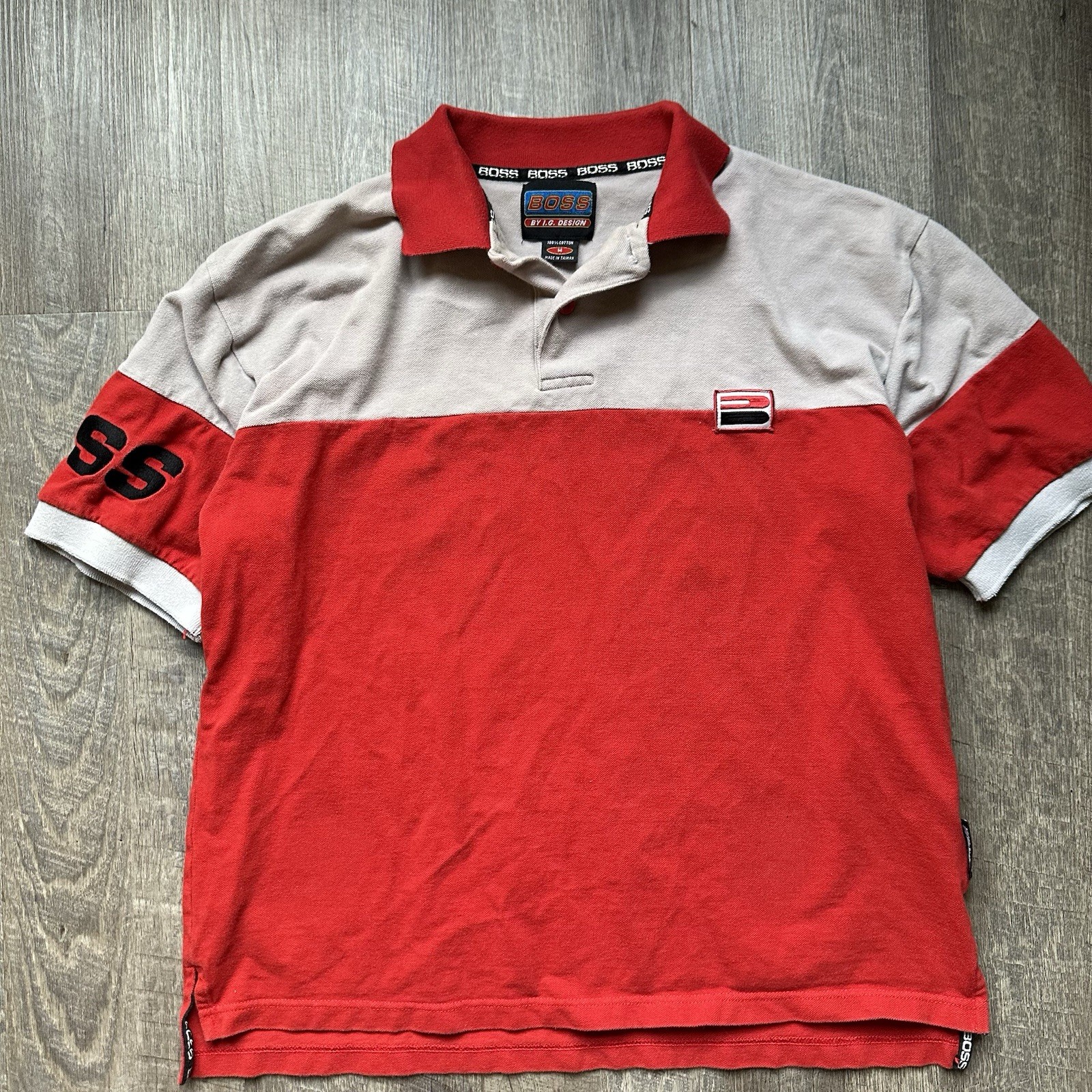Vintage Boss Shirt Mens Medium Red Polo Shortsleeve Striped Colorblock 90s Y2K