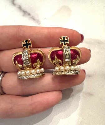 Vintage Butler & Wilson Red Enamel Pearl Crown Earrings 