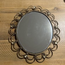 Vintage Boho Gold Metal Sunburst Wall Mirror Oval Scalloped Frame Gems Retro