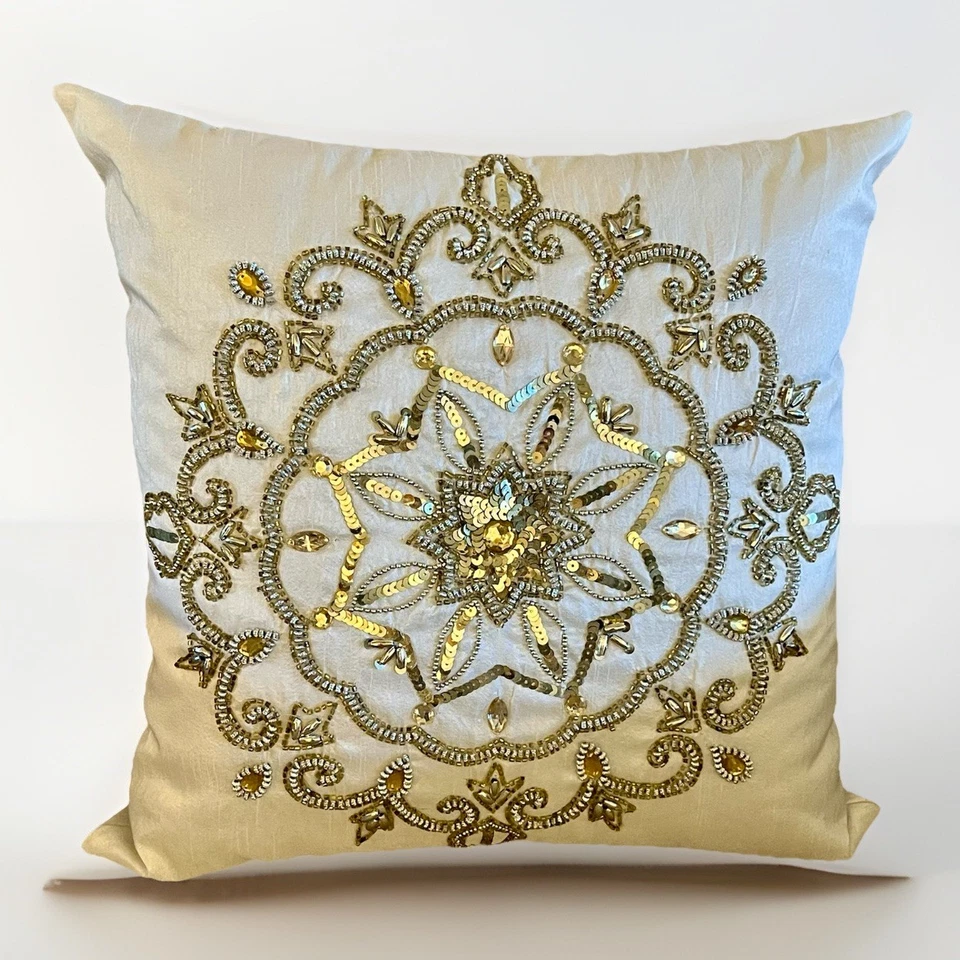 16”x16” Ivory & Gold Decorative Beaded & Sequined Mandala Luxe Pillow EUC - Image 2 of 4