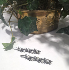 2 Vintage Faux Pearls Rhinestone Hair Barrettes Clips