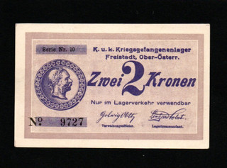 2 KRONEN UNC PRIGIONIERO DI GUERRA BANCONOTA DA AUSTRIA/FREISTADT 1916