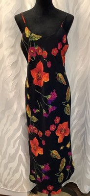 Natori Black Vibrant Colorful Floral Satin Midi/Maxi Low Back Slip Dress S