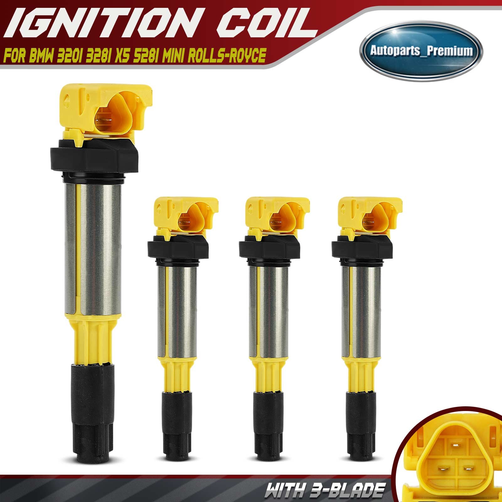 4x Yellow Ignition Coil for BMW 320i 328i X5 528i 545i 550i X3 Mini Rolls-Royce