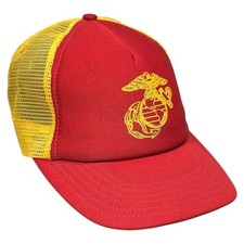 Vintage USMC Red Yellow Trucker Hat Snapback Cap Eagle Globe Anchor EGA USA