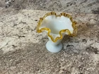 Vintage Fenton White Milk Glass Amber Crest Ruffled Vase  4 1/2 in