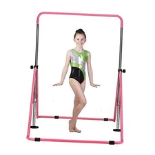  Gymnastics Bar with Mat, Foldable Gymnastics Horizontal Bar Height Pink