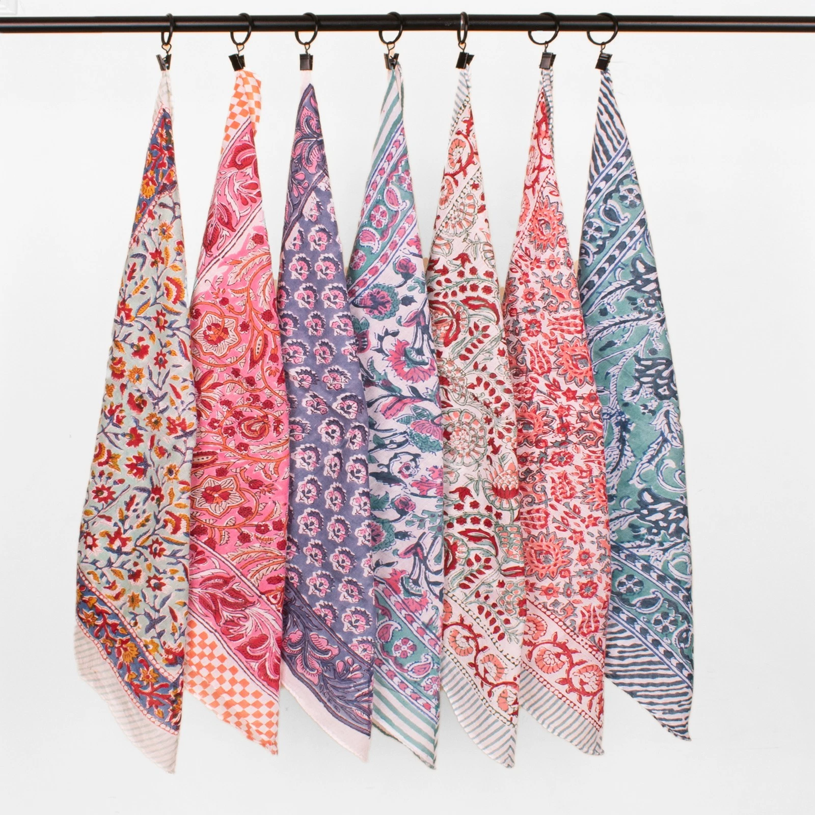 Set Of 7 Handmade Cotton Organic Block Printed Bandana Women New Outdoor Wraps