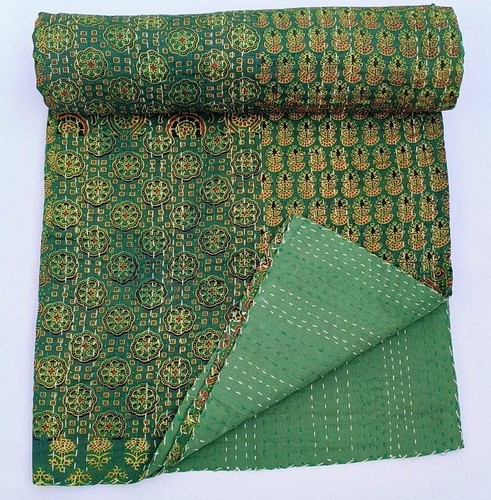 Beautiful Ajrhak Patchwork King Size Cotton Kantha Quilt Throw Blanket Bedspread - Picture 2 of 6