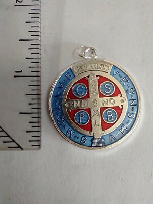 Catholic One St Benedict Medal Two-Sided Silver Tone Blue Red Accents