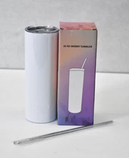 20 oz Skinny Tumbler White w Metal Straw Insulated Thermal Drinking Cup Mug
