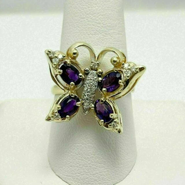 3Ct Oval Lab Created Amethyst Women s Butterfly Ring 14K Two Micron Yellow Gold