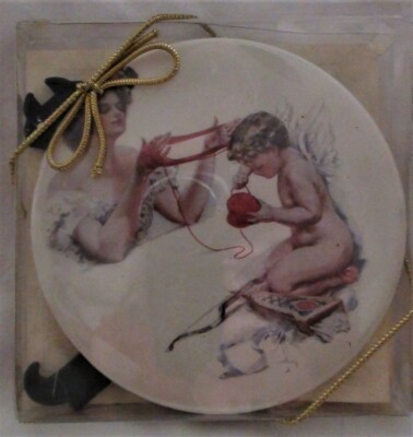 2 VICTORIAN  4'' MIRRORS-Victorian Lady w/Angel Winding Yarn-Easel Stand-GIFT BOX
