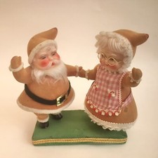 Vintage Celluloid Brown Flocked Felted Santa Mrs. Claus Figure 7.5 inch