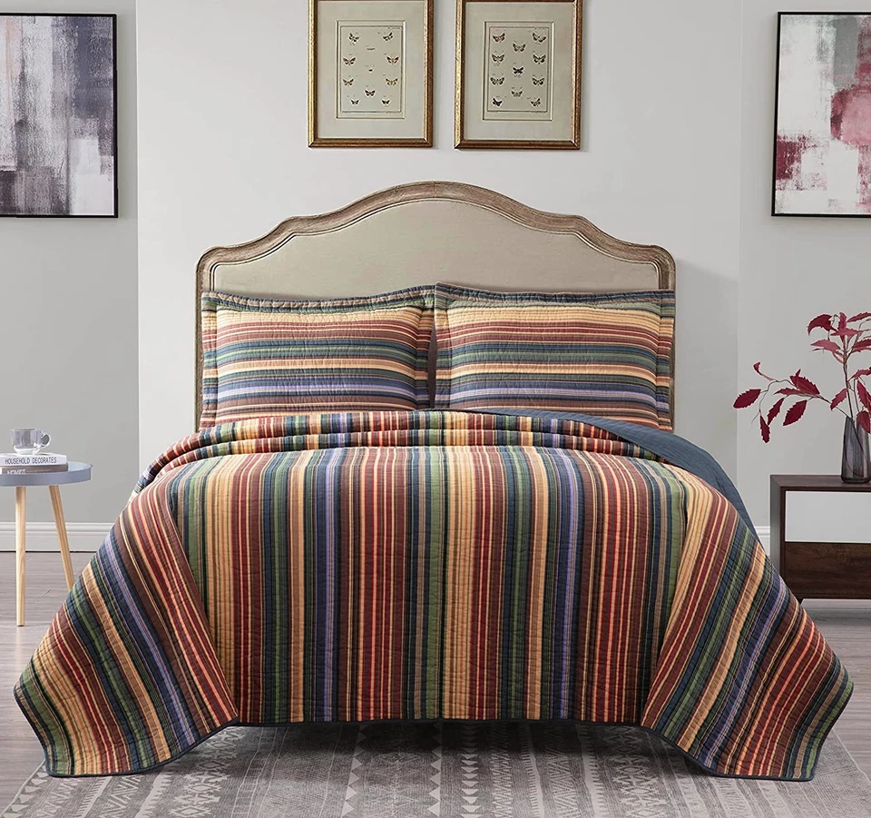 Avery Pre-Washed 100% Cotton Quilt Set Multi-Color Striped Daybed Coverlet Set - Image 2 of 4