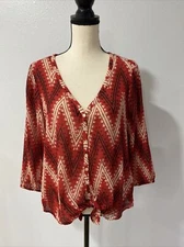 Lucky Brand John Robshaw Red, Black & Cream Zig Zag Pattern Tie Bottom Top Sz M