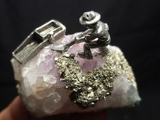 Fantasy Pewter Mining Scene on Amethyst Crystal, Made in USA (3.4 oz) J4