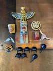 Vintage playmobil native american indian totem pole, hair, cattle skull, drum