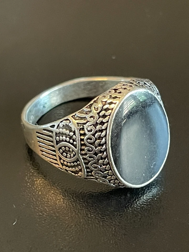 Овальный черный обсидиан драгоценный камень S925 серебро покрытием мужчин женщин кольцо размер 8,5 - Изображение 2 из 4