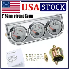 3in1 52mm 2" Chrome Car Triple Gauge Set Kit Water Temp Oil Pressure Volt Meter