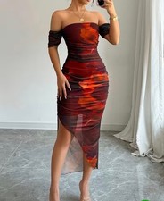 NEW Off-Shoulder Bodycon Ruched Slit Midi Dress L