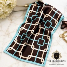 Vintage Brown  Aqua Blue Geometric Oblong Scarf 12x58 Satin Feel Mod Retro