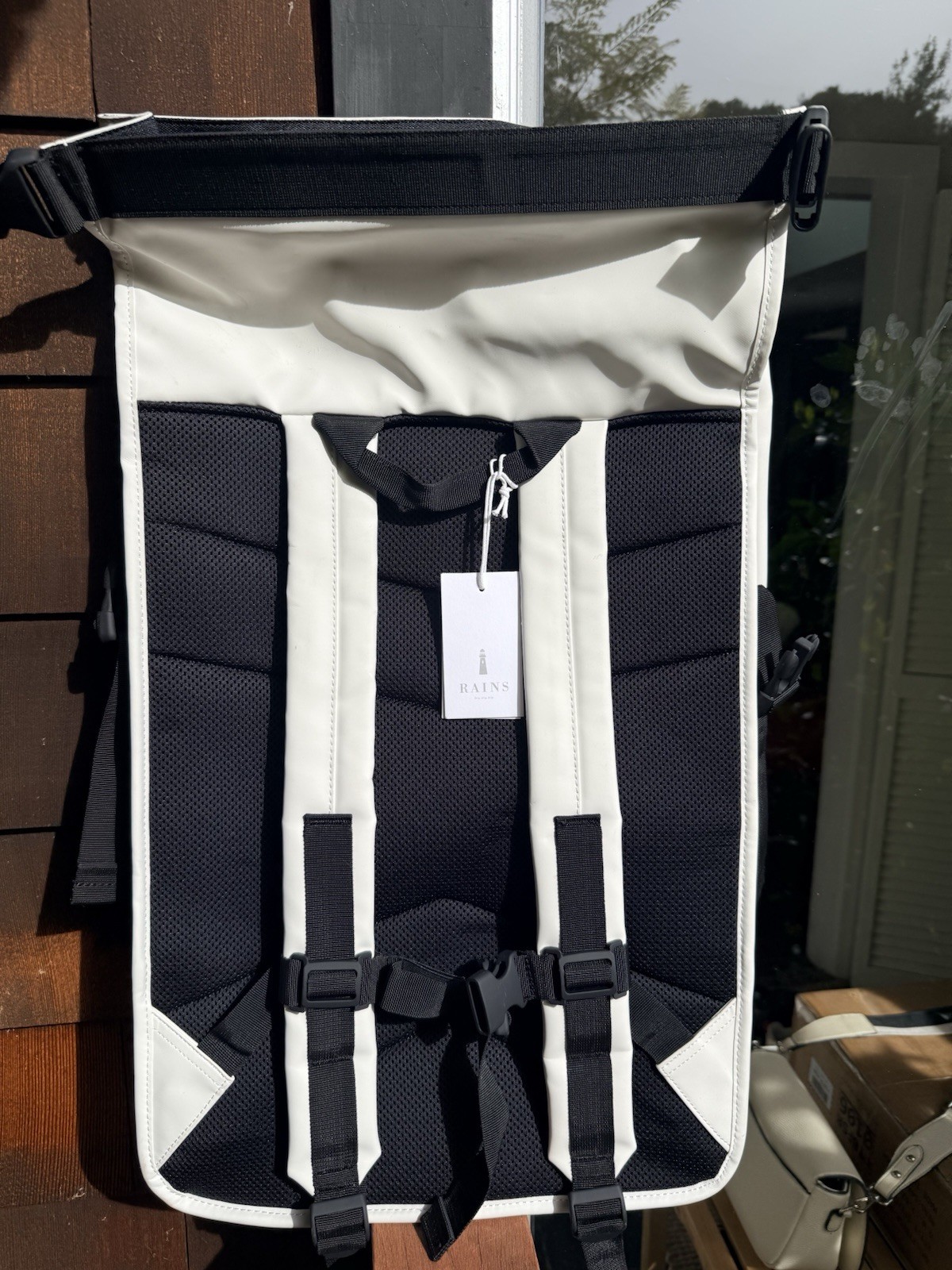 Rains Buckle Rolltop Backpack Off White Waterproof Laptop Bag NEW w/ Tags thumbnail 2