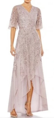 MAC Duggal Beaded Short Flutter Sleeve V-neck High Low Faux Wrap Gown Size 10