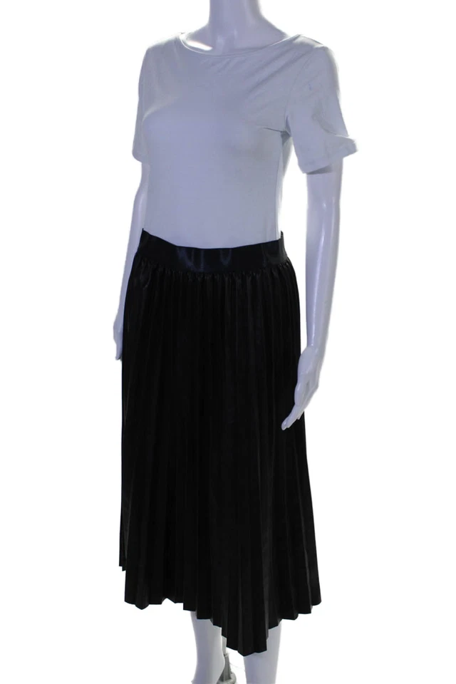 Designer Leather Embossed Textured Elastic Waist Lined Pleated Skirt Black Size - Image 2 of 4