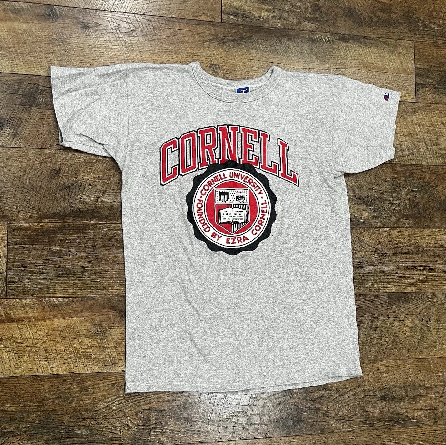 Vintage 90s Champion Cornell University Spellout T-Shirt Made In USA Grey Large