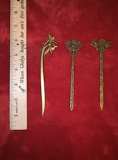 3 ANTIQUE BRONZE-TONE METAL HAIR STICKS HAIR PINS INTRICATELY CARVED FLOWERS