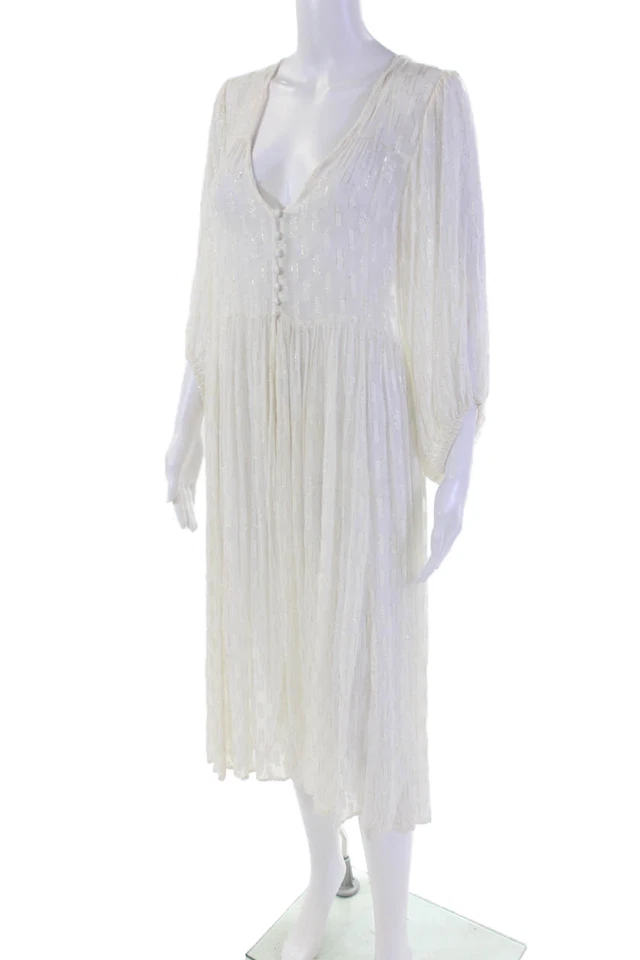 Vestido de mujer Suboo a rayas con cuello en V línea A blanco dorado metálico talla 4 Foto 2 de 4