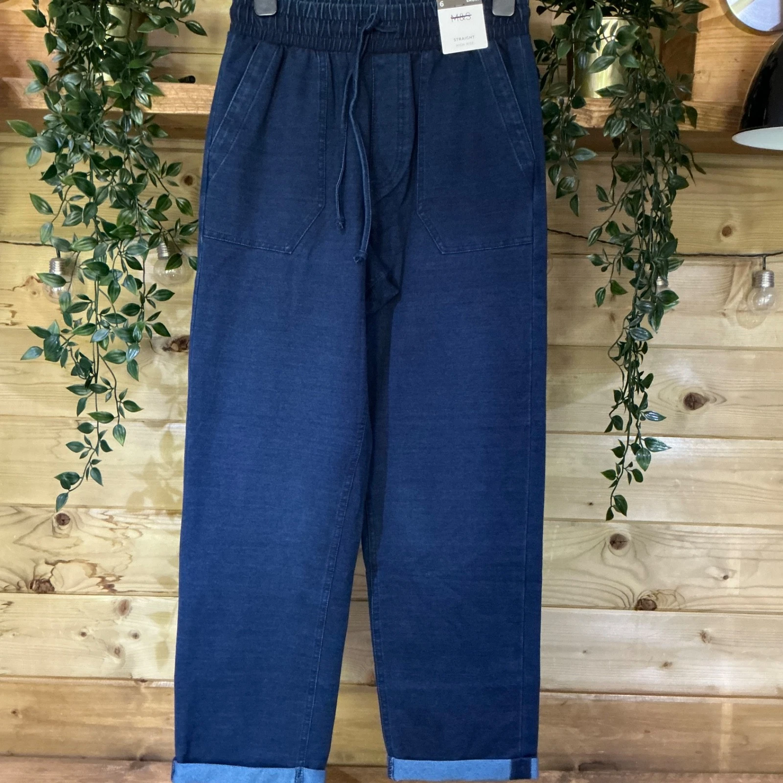 Ex M&S Indigo Jersey Denim Straight Leg Joggers Trousers Size 6 Short