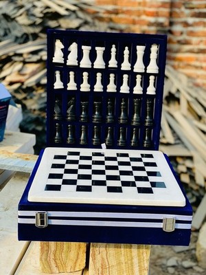 15 inches Marble Chess Set packed in Blue velvet gift ready box WHITE BLACK