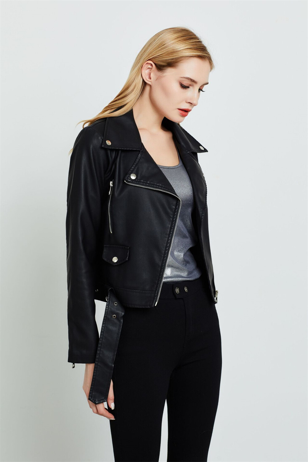 Women Pu Motorcycle Biker Faux Leather Jacket Turndown Collar Loose Punk Outerwear