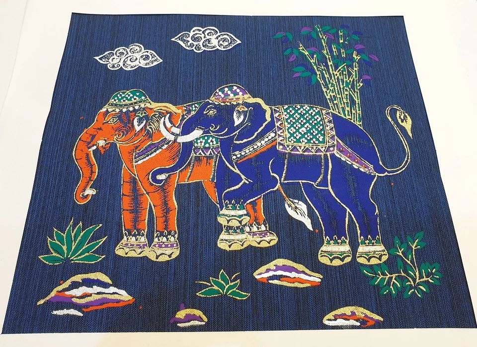 Thai Art Silk Painting Animal Posters Print Colorful 2 Elephant Asian Home Decor - Image 2 of 3