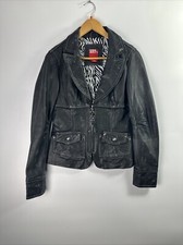 Women Biker Leather Jacket Large Miss Sixty Black Distressed Short Long Sleeve