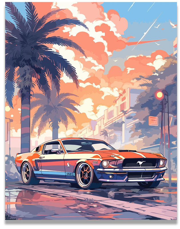 Toile Décorative Mustang Bullitt Ford - Format XXL - Impression Sur Canvas - Prêt à Accrocher - Motif Voiture Coloré