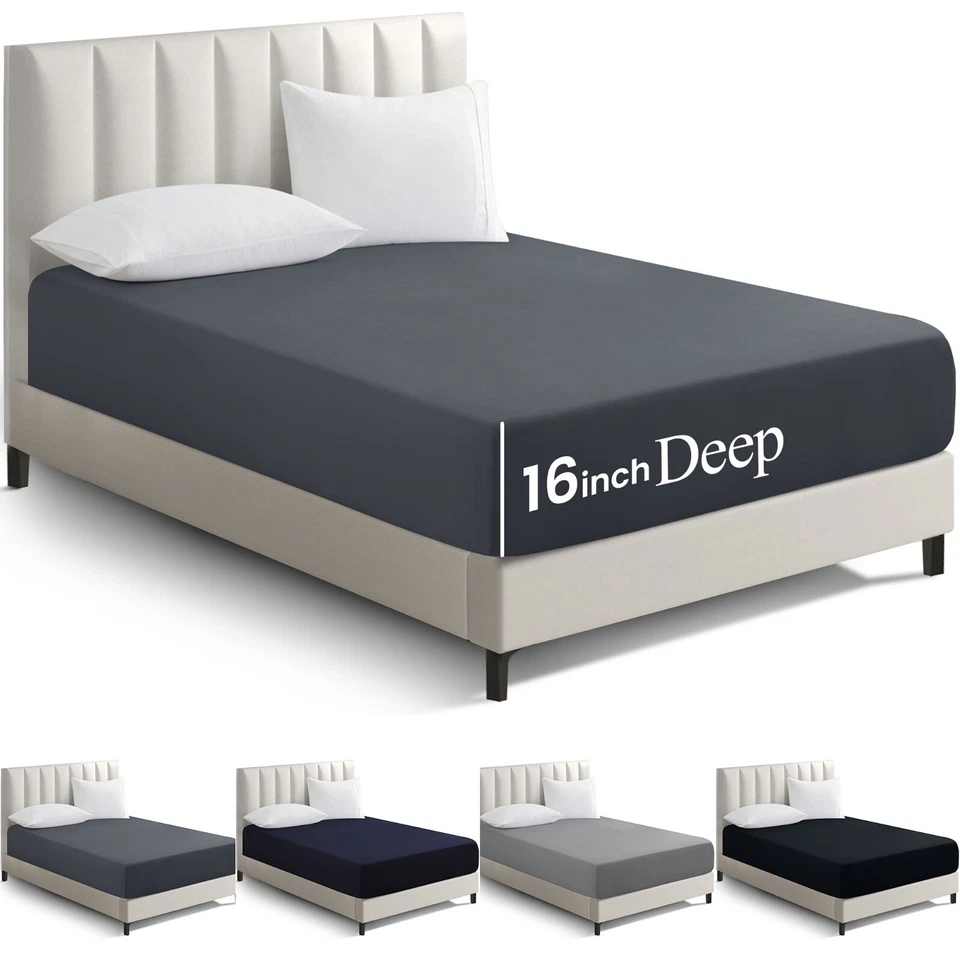 Full Fitted Sheet 16” Extra Deep Pocket Elastic Bed Sheets Twin Full King Queen - Image 2 of 4