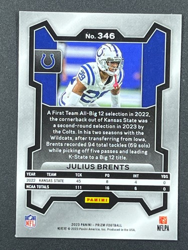 JULIUS BRENTS RC 2023 Panini Prizm Football #346 Indianapolis Colts - Picture 2 of 2
